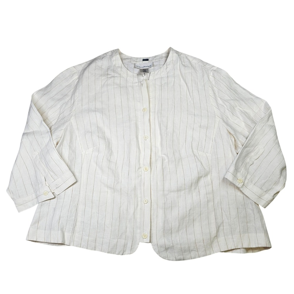Evan-Picone‎ Pinstripe Linen Button Ligthweight Crop Top Plus Size White 20W